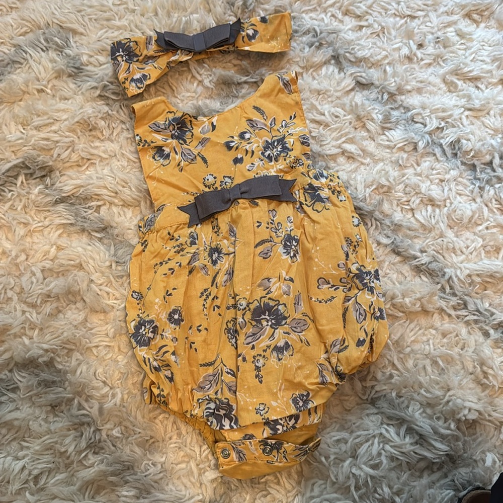 Floral Yellow Baby Romper with Headband